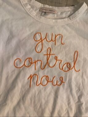 Lingua Franca White Tee with Orange 'gun control now' Embroidery XL